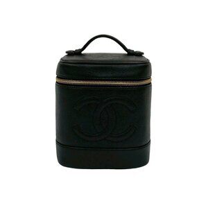 CHANEL Black Caviar Leather Logo Vanity Bag